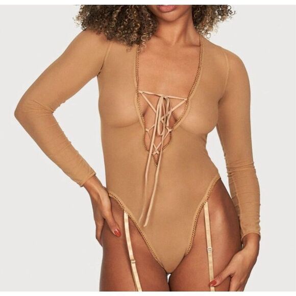 Fredericks of Hollywood Lola Lee Bodysuit Womens Large Tan Sheer Mesh Teddy NWT - Picture 1 of 12